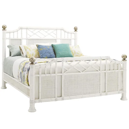 Queen Pritchards Bay Panel Bed with Leather Wrapped Rattan and Silver Leaf Finials
